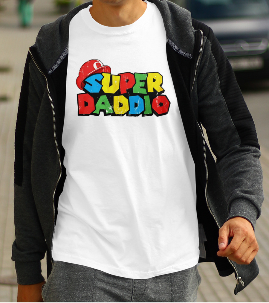 Super Daddio Mario Cartoon Colorful Text With Red Hat T-Shirt