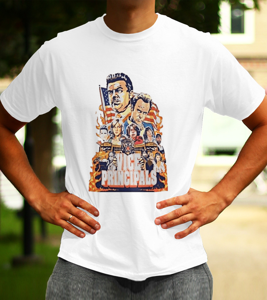 Vice Principals TV Show Cast Collage With School Bus And American Flag T-Shirt