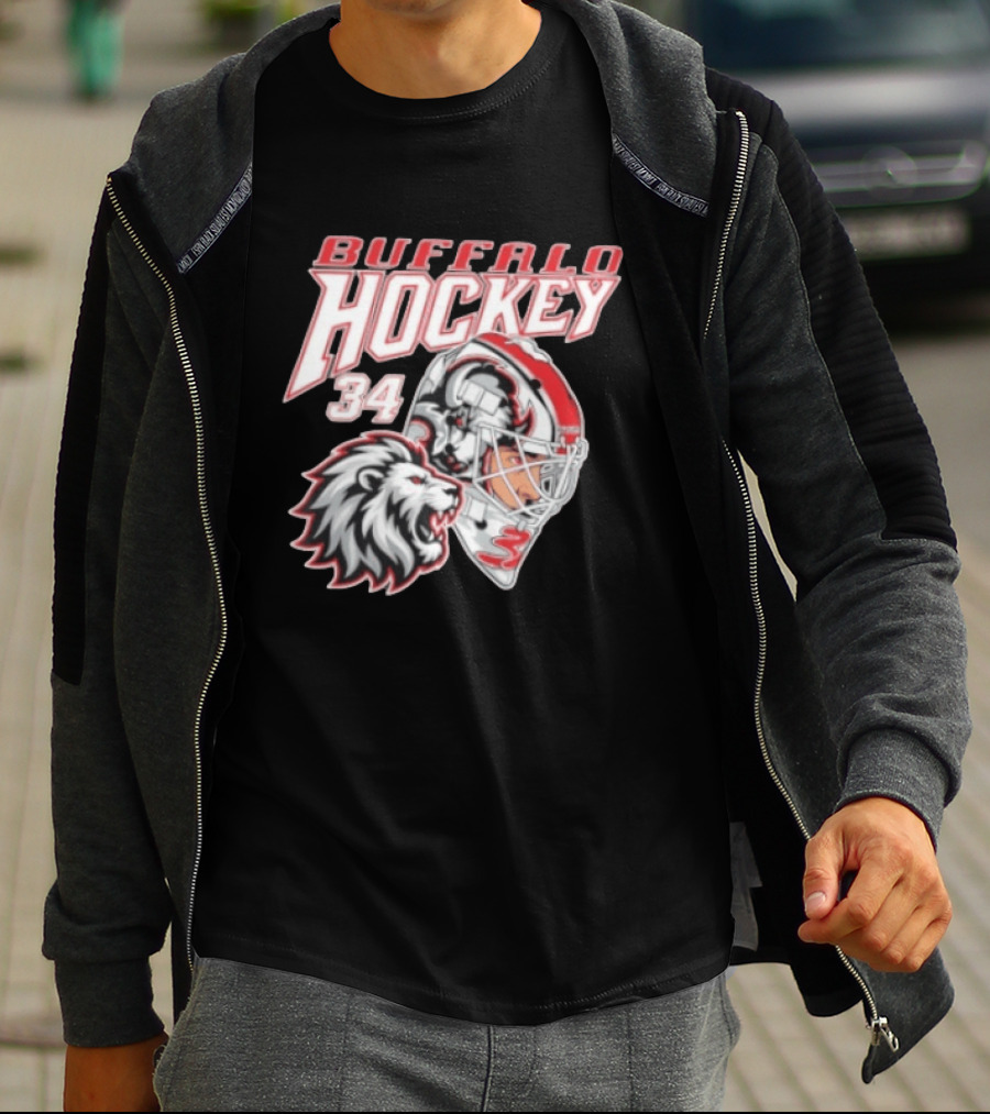 Buffalo Hockey 34 Alex Lyon Lion Graphic With Hockey Helmet T-Shirt