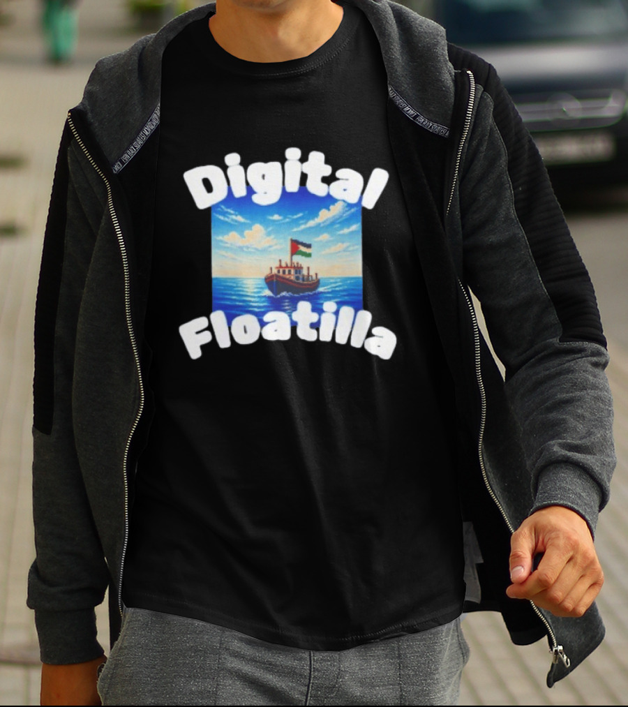 Digital Floatilla Boat With Flag On Ocean Waves T-Shirt