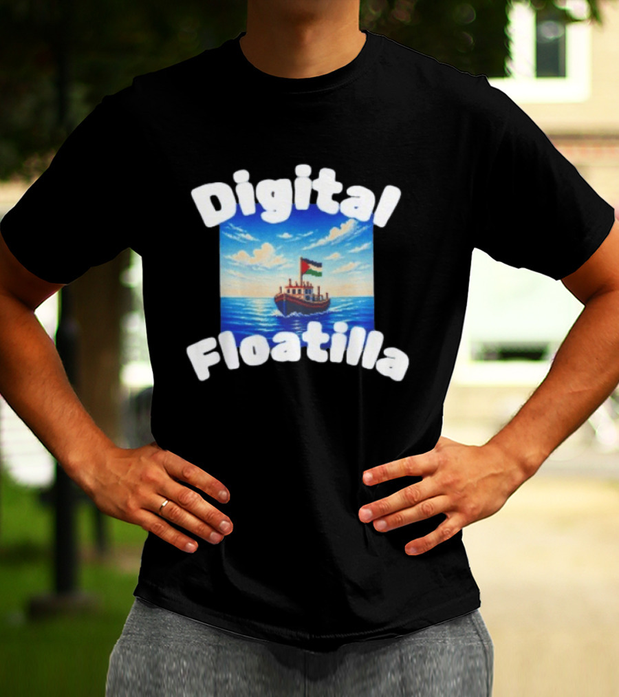 Digital Floatilla Boat With Flag On Ocean Waves T-Shirt