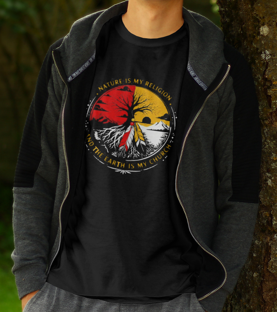 NATURE IS MY RELIGION AND THE EARTH IS MY CHURCH Tree Circle Red Yellow Feather T-Shirt