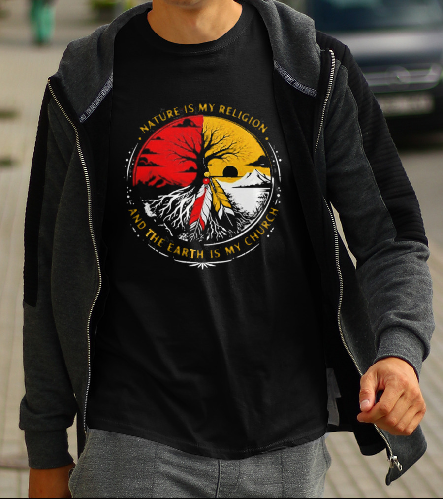 NATURE IS MY RELIGION AND THE EARTH IS MY CHURCH Tree Circle Red Yellow Feather T-Shirt