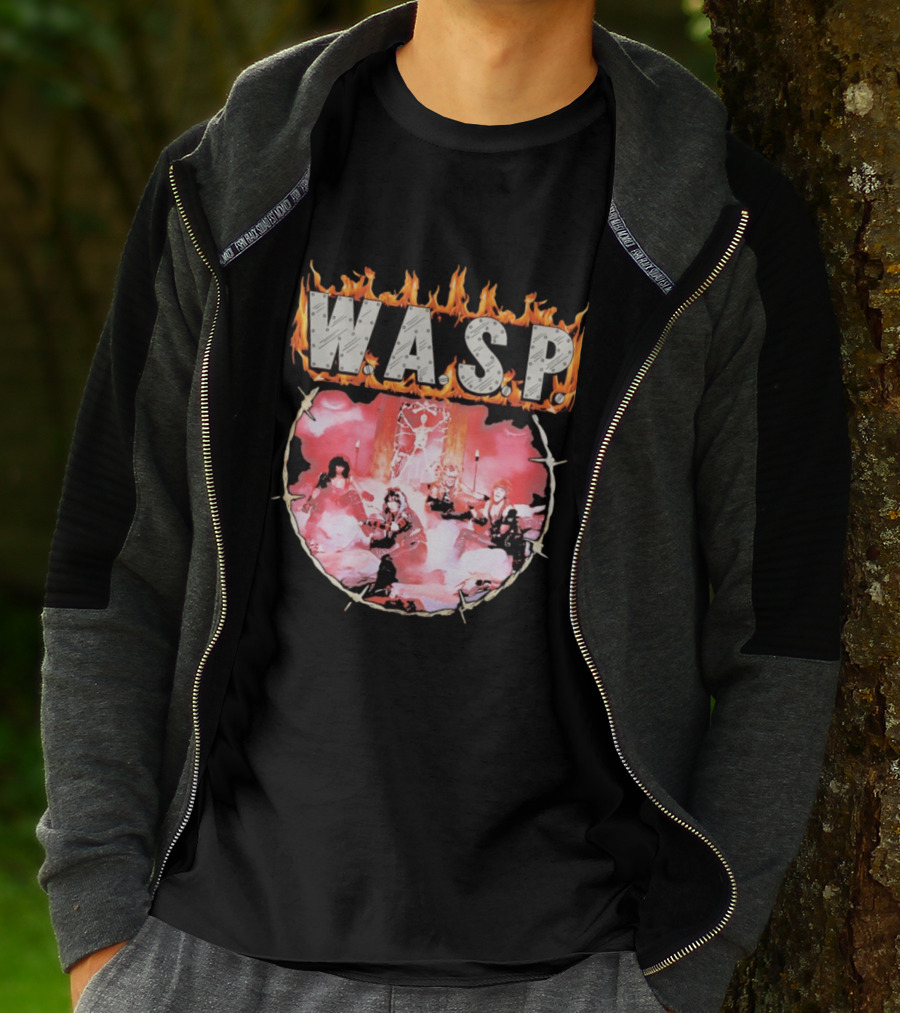 W.A.S.P. Band Fire With Group Photo And Flaming T-Shirt