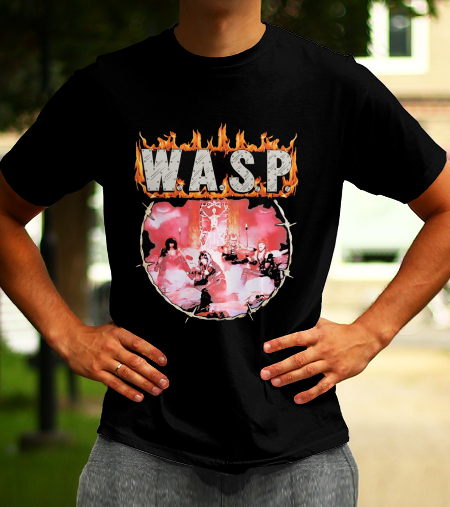 W.A.S.P. Band Fire With Group Photo And Flaming T-Shirt