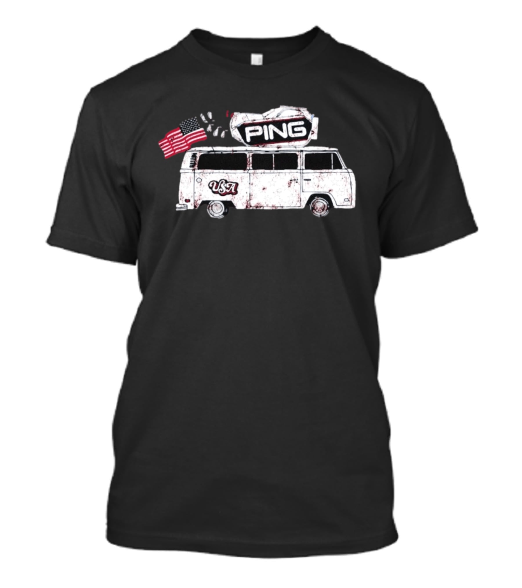 Ping USA Vintage Bus With American Flag And Surfboard T-Shirt