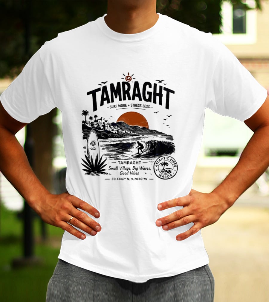 Tamraght Surf More Stress Less 2026 Sunset Palm Trees Good Vibes Agadir Coordinates T-Shirt