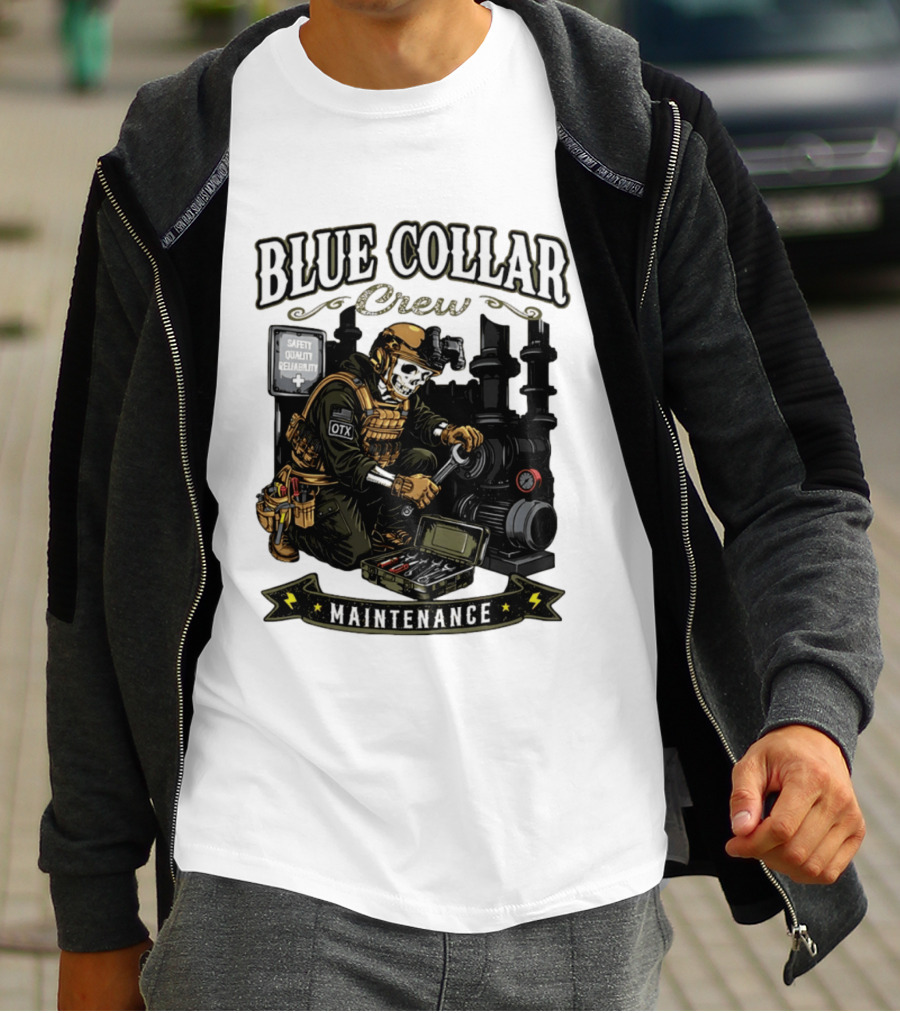 Blue Collar Crew Maintenance Skeleton Safety Quality Reliability T-Shirt