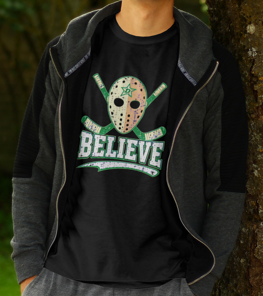 Dallas Stars Believe Hockey Mask Crossed Sticks T-Shirt