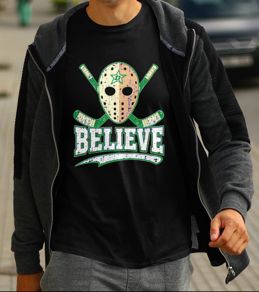 Dallas Stars Believe Hockey Mask Crossed Sticks T-Shirt