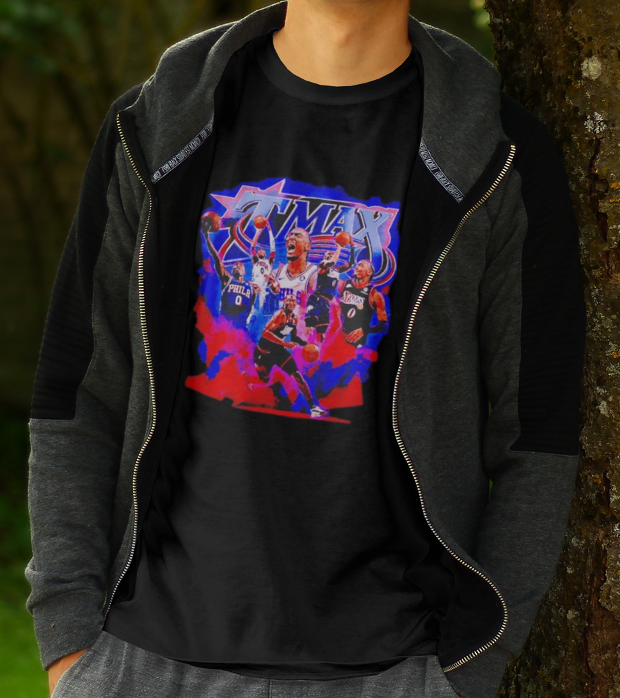 Tyrese Maxey MAX Philadelphia 76ers Basketball Action Montage T-Shirt