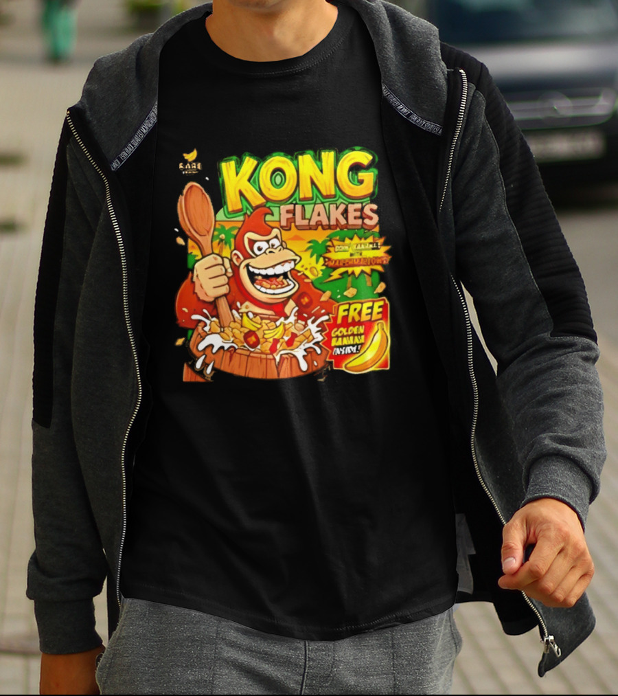 Kong Flakes Donkey Kong Cereal Goin' Bananas With Marshmallow Crunch Free Golden Banana Inside T-Shirt