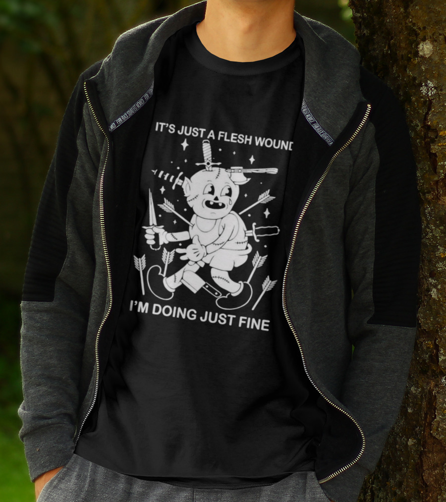 I'm Doing Just Fine It's Just A Flesh Wound Cartoon Character With Arrows And Knives T-Shirt