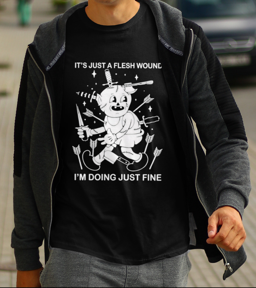 I'm Doing Just Fine It's Just A Flesh Wound Cartoon Character With Arrows And Knives T-Shirt