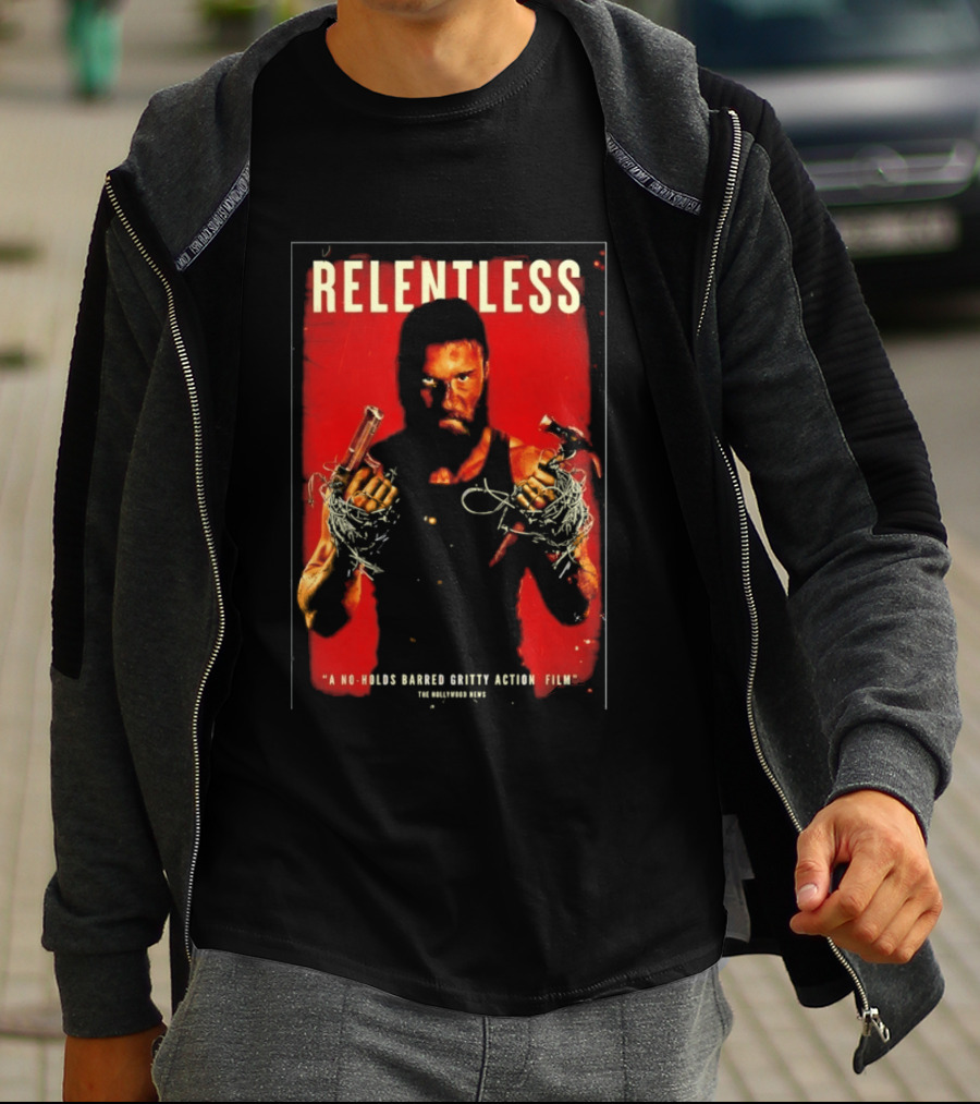 Relentless A No Holds Barred Gritty Action Film Guns Intense Stare Red T-Shirt