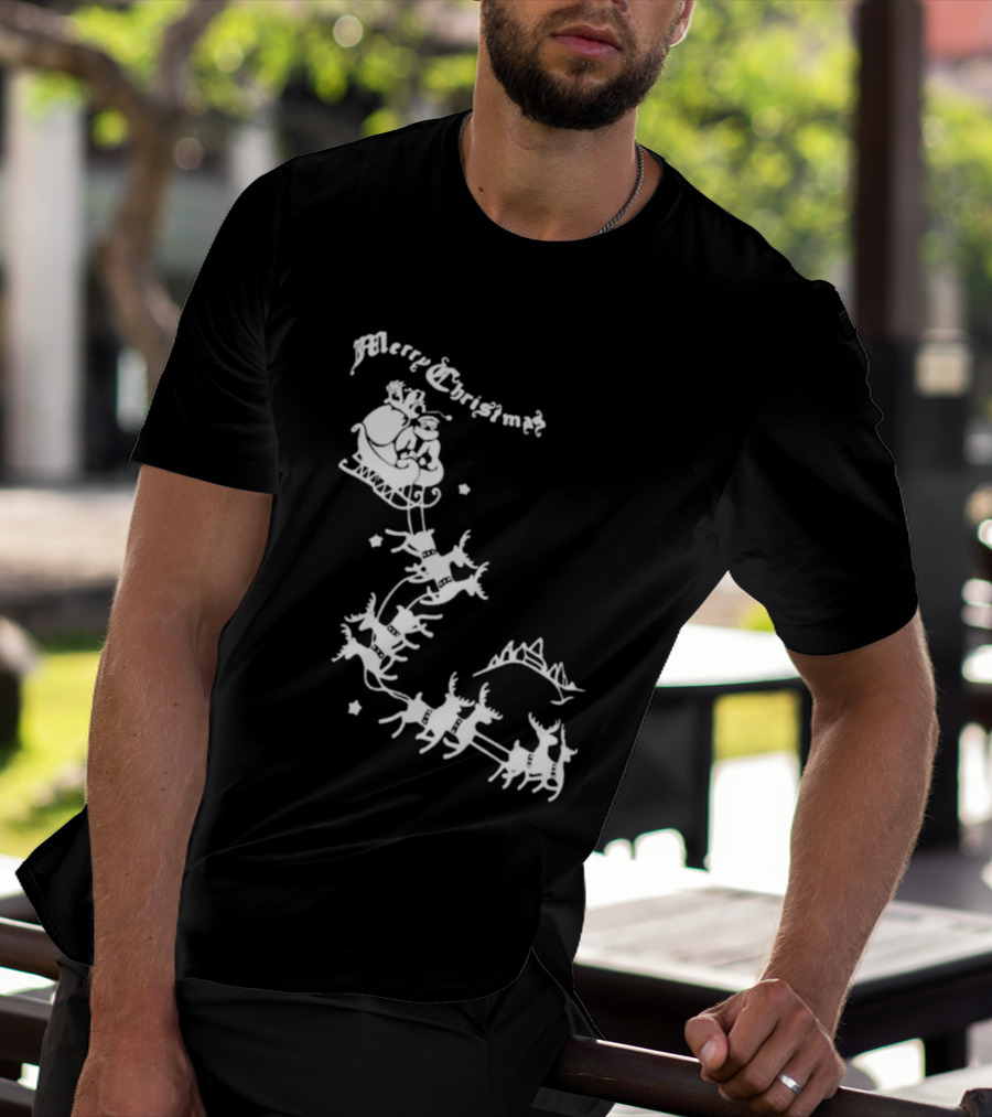 Merry Christmas Santa Sleigh Reindeer In Night Sky With Mountains Isla Gordon T-Shirt
