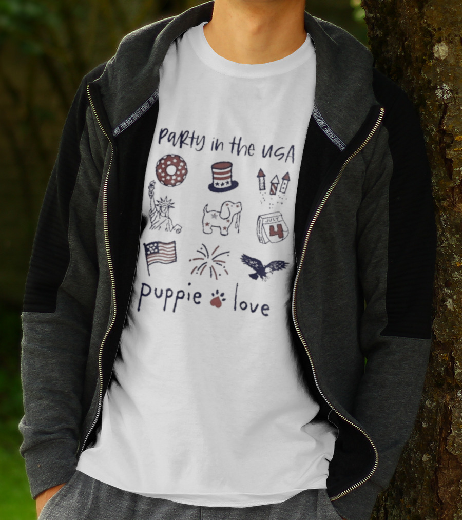 Party In The USA Puppie Love Patriotic Symbols Fireworks Hat Flag T-Shirt