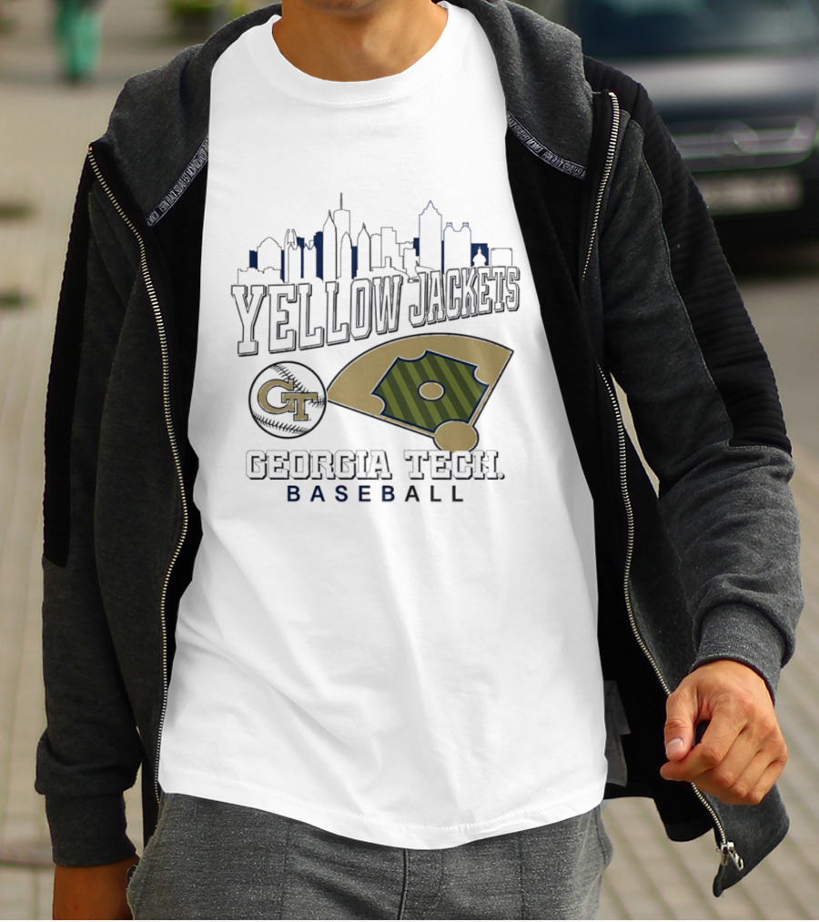 Georgia Tech Yellow Jackets Baseball City Skyline With GT Emblem And Field T-Shirt