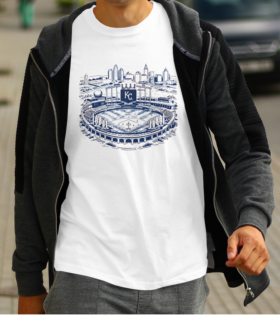 Kansas City Royals Kauffman Stadium Skyline Art Baseball Scene T-Shirt