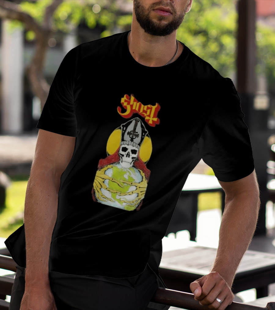 Ghost Skeleton Bishop Holding Earth Iconic Twisted Thread Ceremony T-Shirt