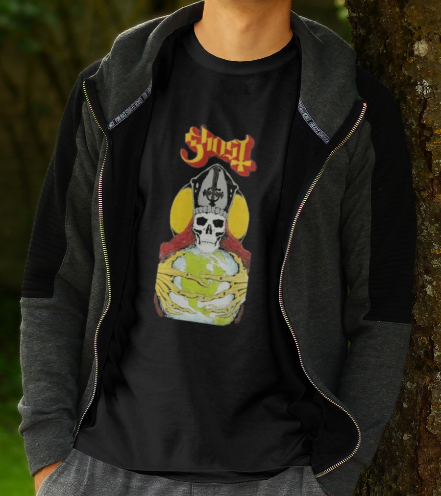 Ghost Skeleton Bishop Holding Earth Iconic Twisted Thread Ceremony T-Shirt