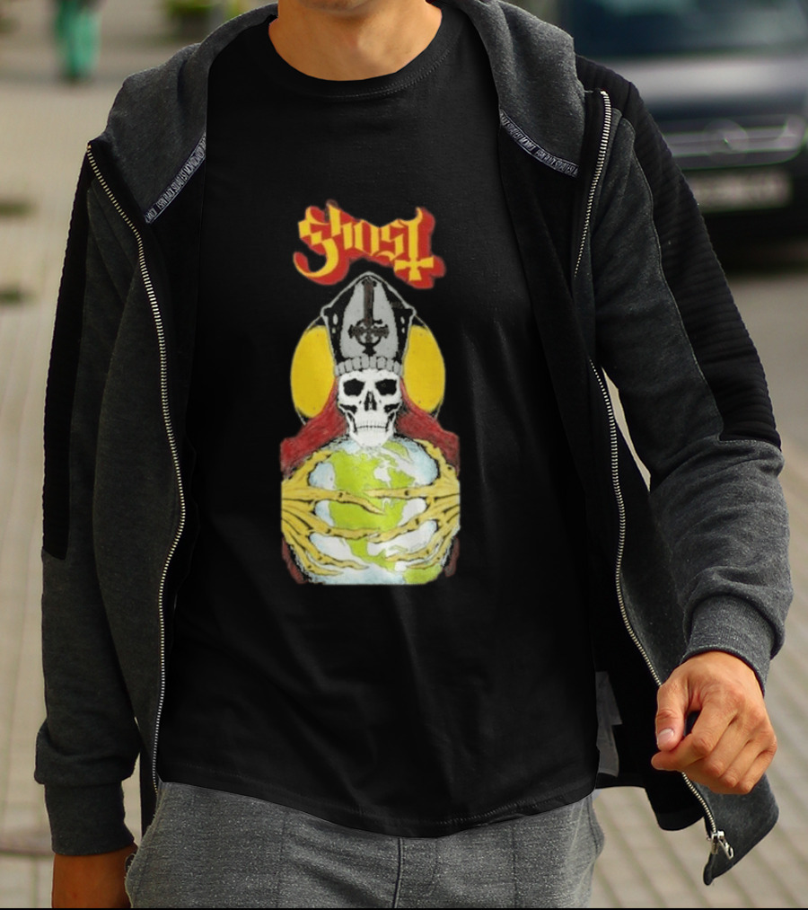 Ghost Skeleton Bishop Holding Earth Iconic Twisted Thread Ceremony T-Shirt