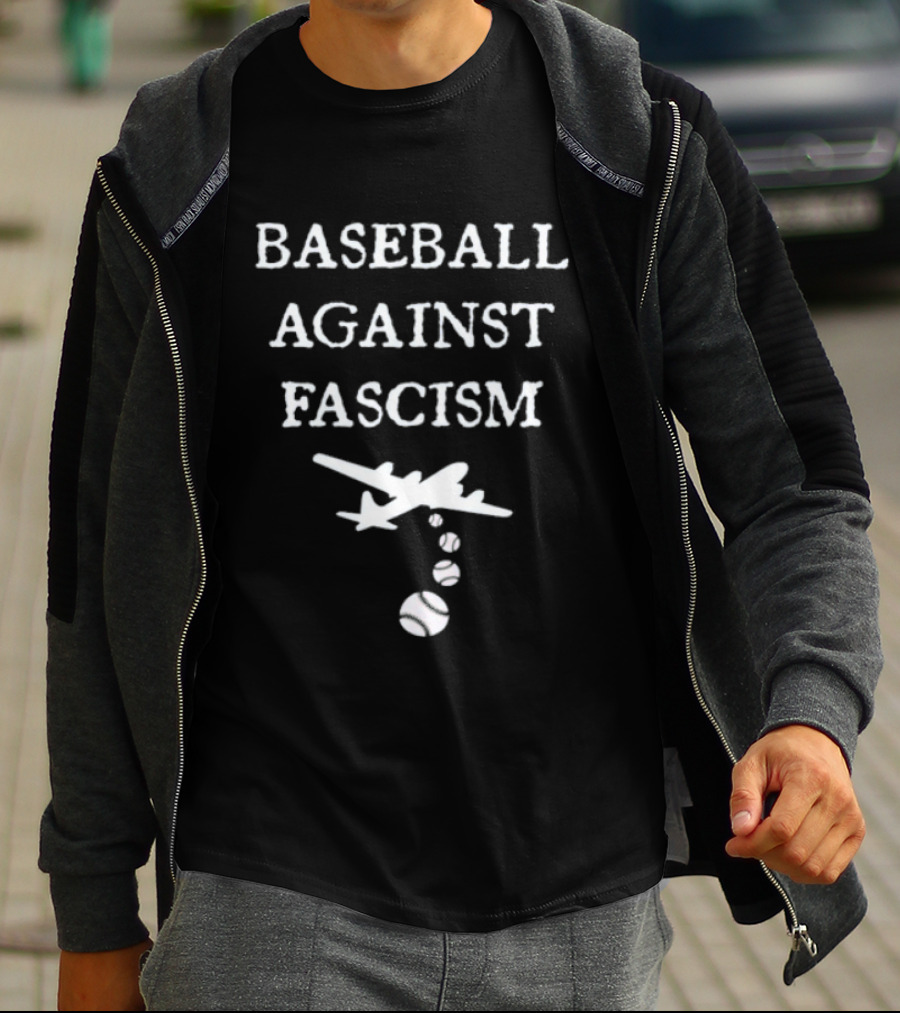 Baseball Against Fascism Text With Bomber Plane And Baseballs T-Shirt