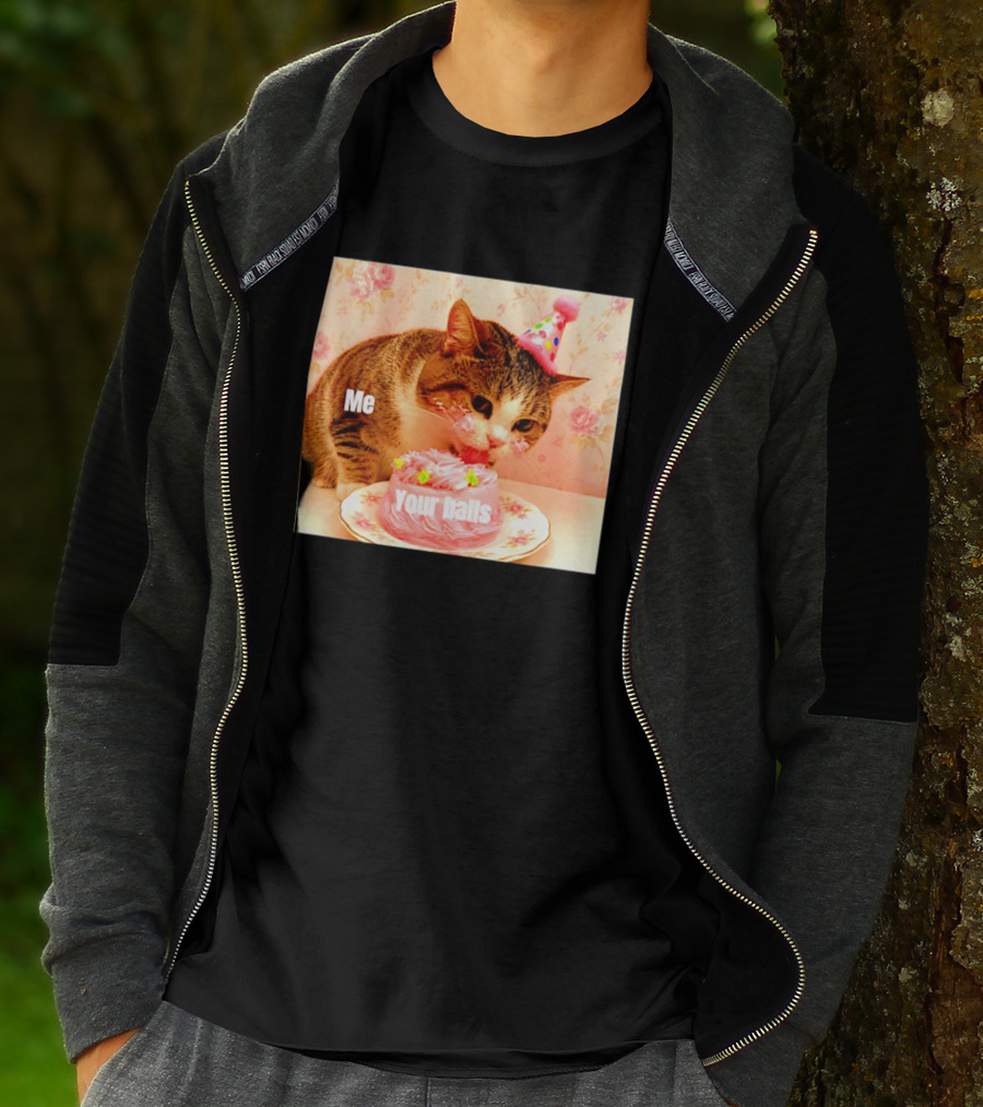 Me Your Balls Cat Eating Cake Party Hat T-Shirt