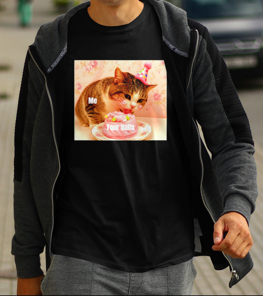 Me Your Balls Cat Eating Cake Party Hat T-Shirt