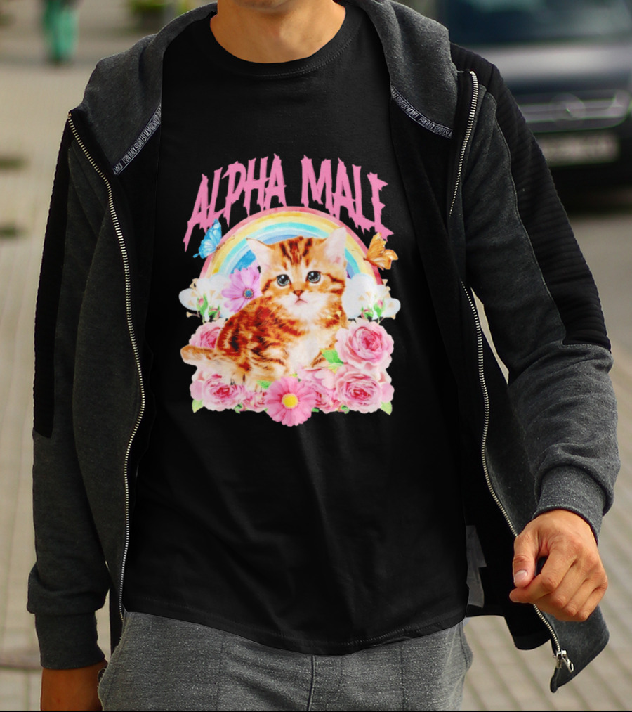 Alpha Male Kitten Rainbow Butterfly Floral Roses T-Shirt