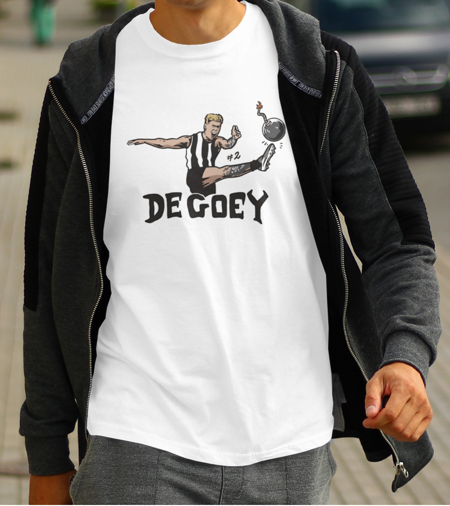 Jordan De Goey Number 2 Kicking Bomb Collingwood Magpies T-Shirt