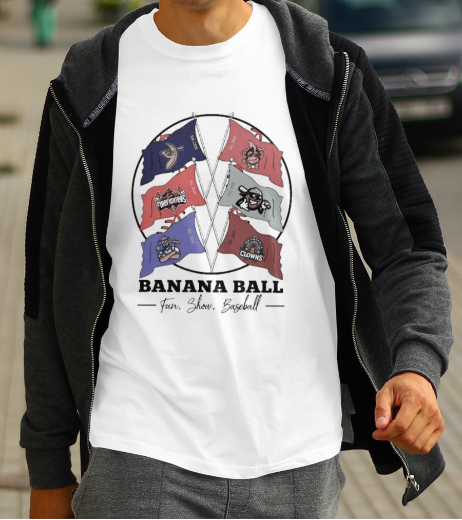 Banana Ball Fun Show Baseball Red And Blue Flags 2026 T-Shirt