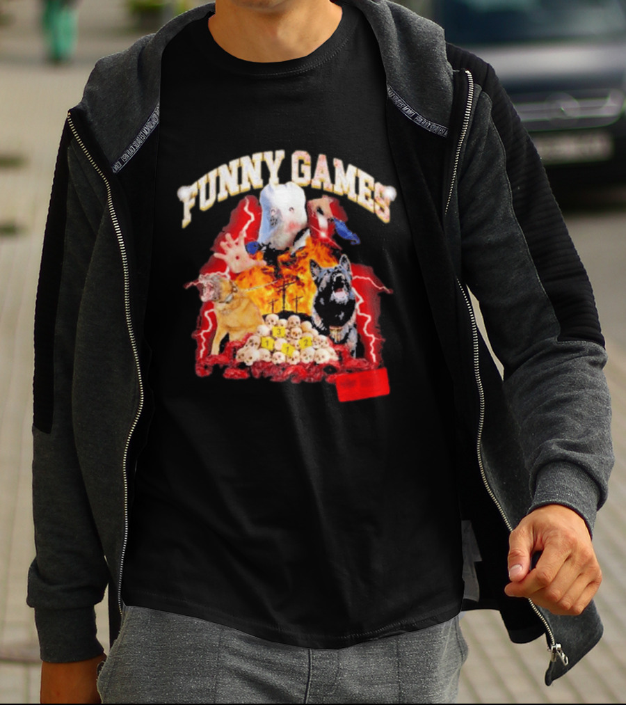 Funny Games Dog Skull Pile Fire Chaos T-Shirt