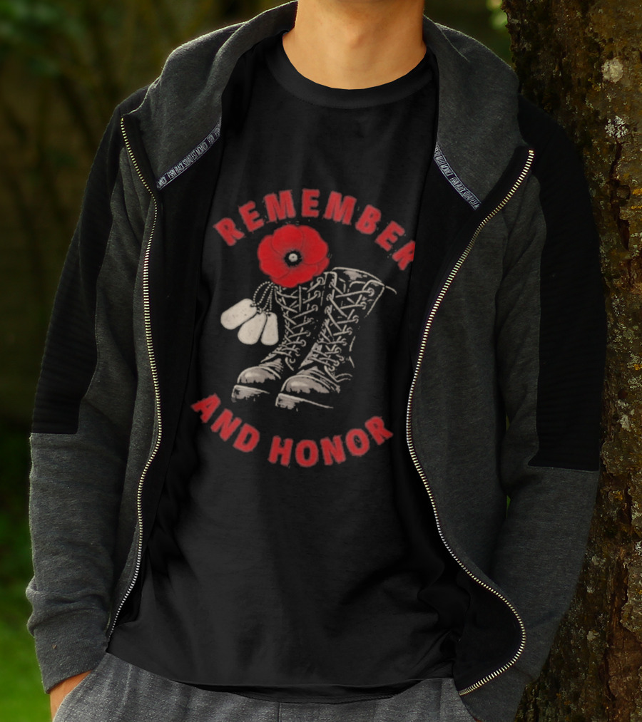Memorial Day Remember And Honor Poppy Flower Military Boots T-Shirt