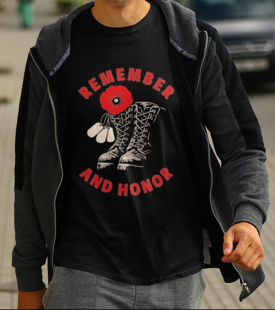 Memorial Day Remember And Honor Poppy Flower Military Boots T-Shirt