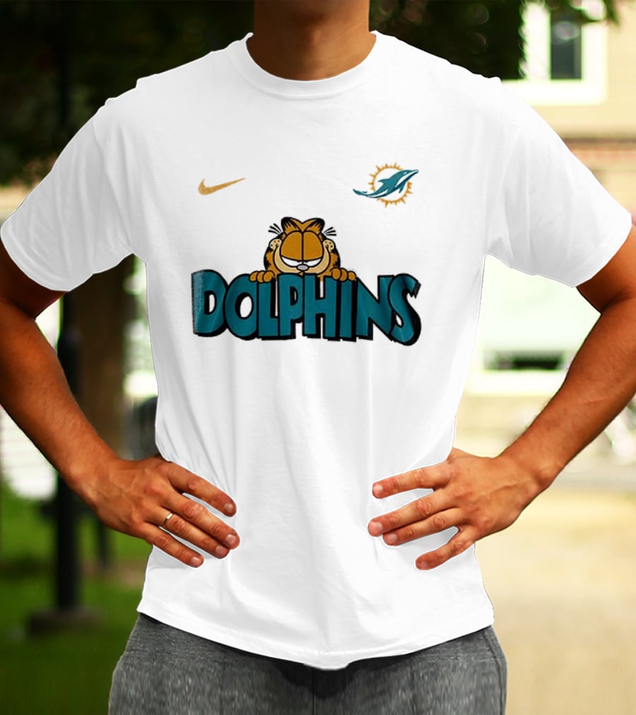 Nike Miami Dolphins Garfield Orange Cat çizim T-Shirt
