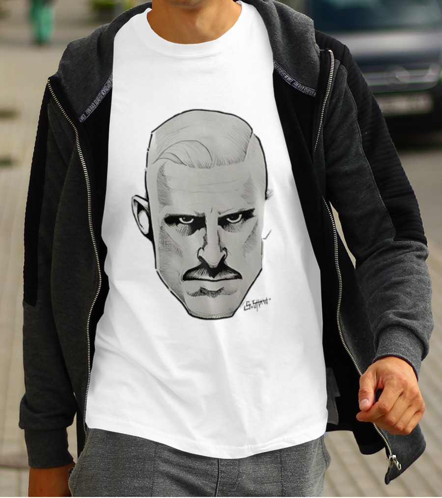 Mustache Man Intense Gaze Slick Back Hair T-Shirt