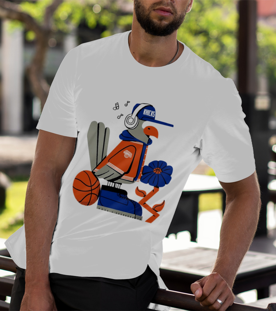 New York Knicks Bird Cap Headphones Basketball Flower T-Shirt