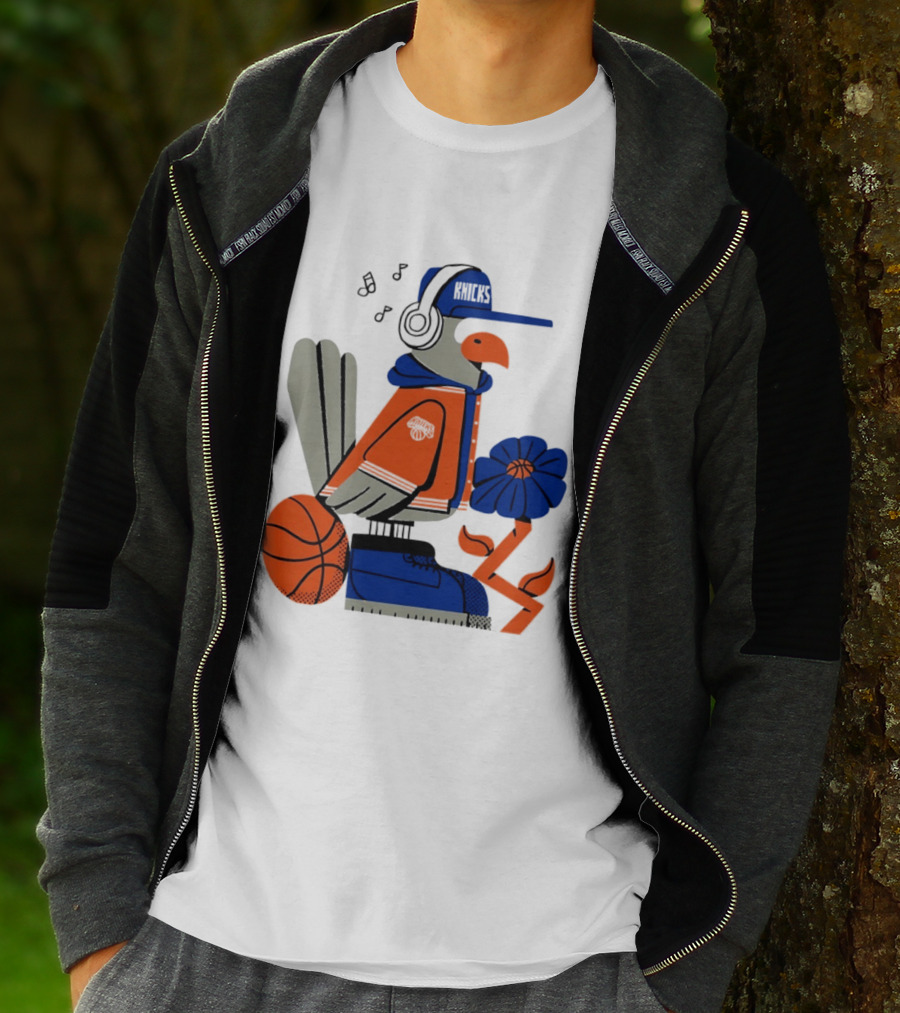 New York Knicks Bird Cap Headphones Basketball Flower T-Shirt