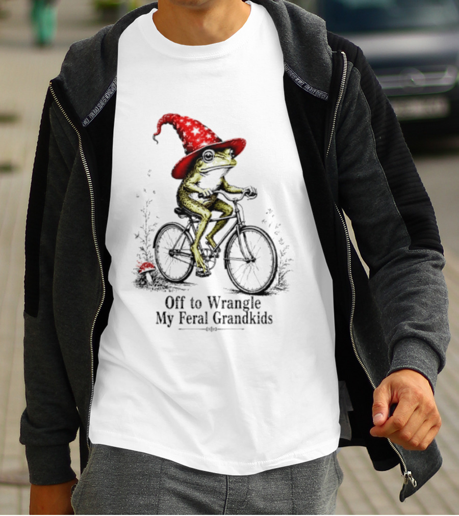 Off To Wrangle My Feral Grandkids Wizard Frog On Bicycle With Red Hat T-Shirt