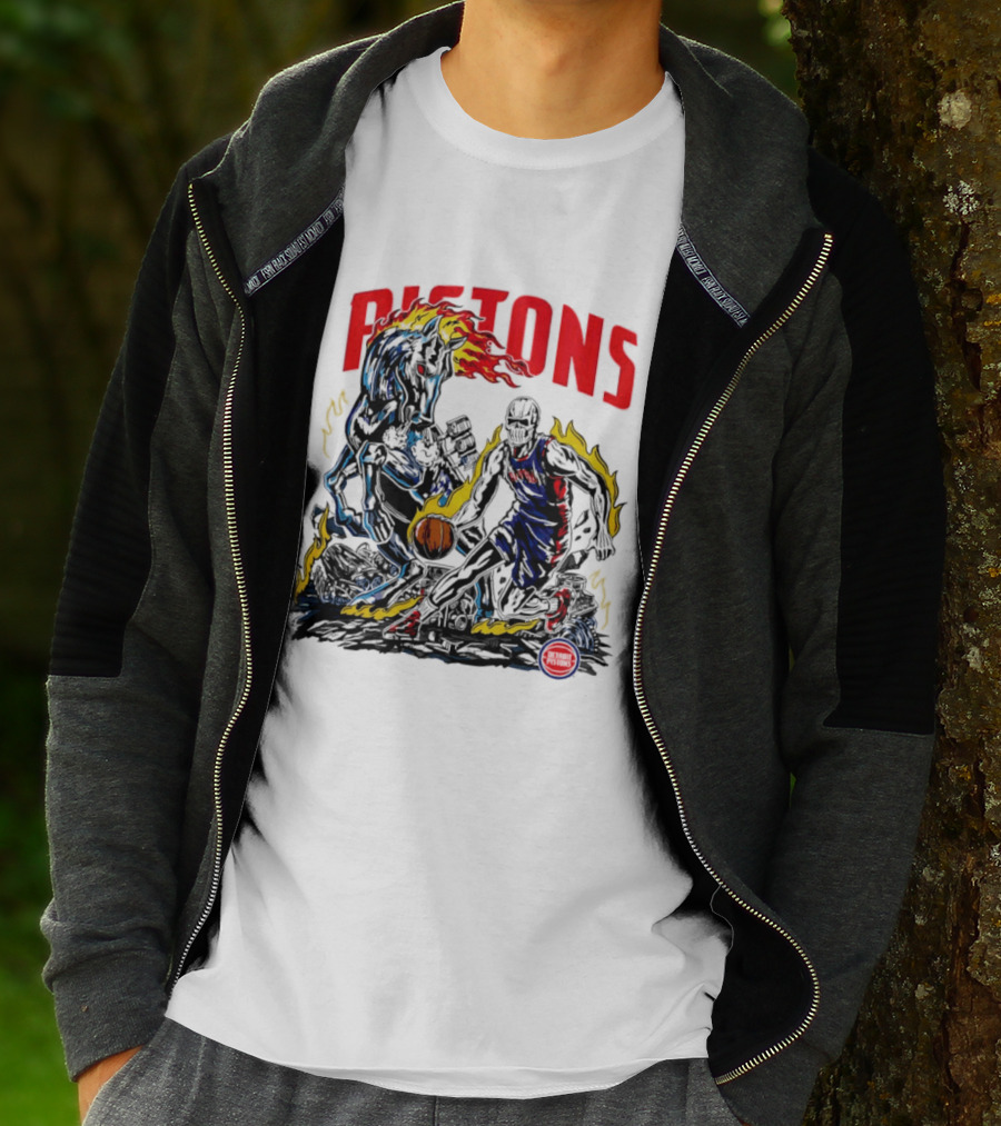 Detroit Pistons Skull Basketball Horse Flames Robot T-Shirt