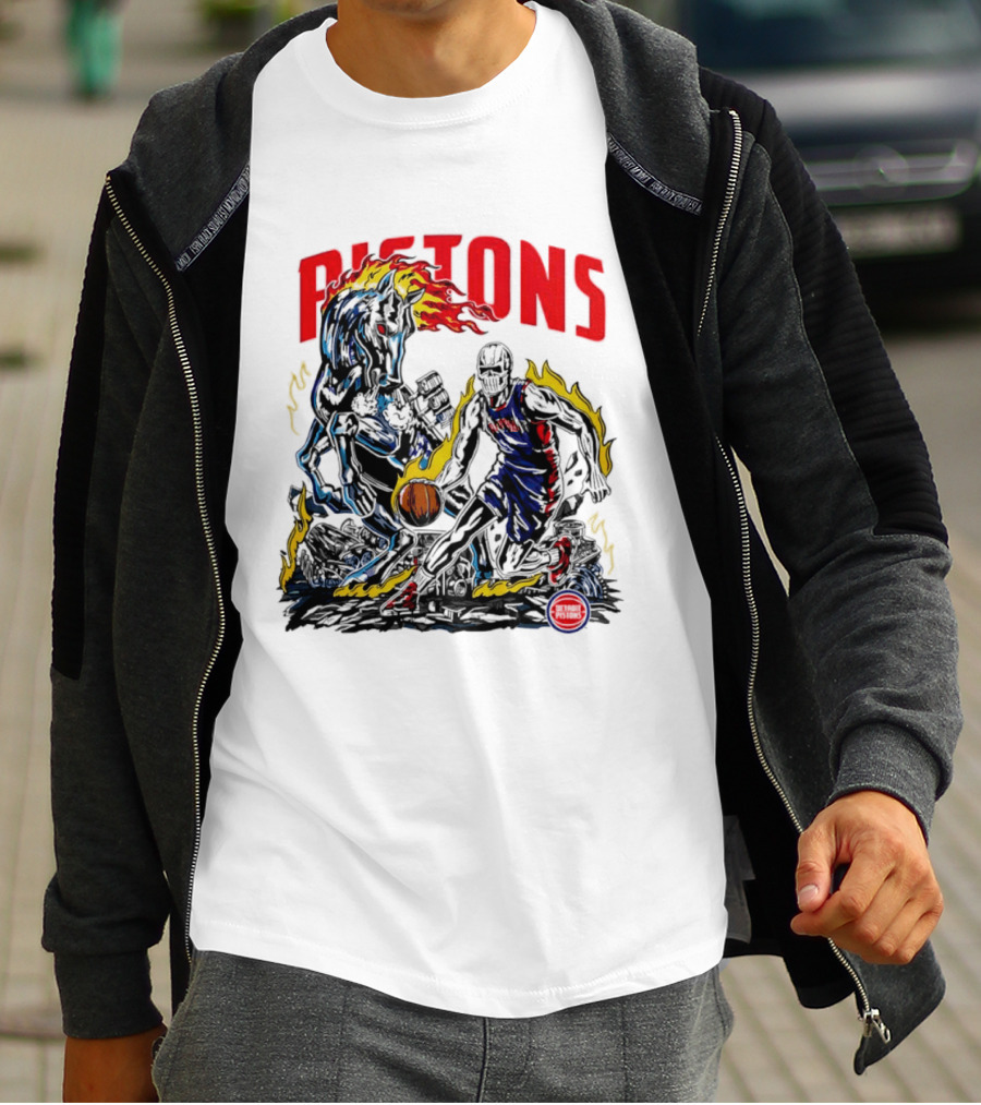 Detroit Pistons Skull Basketball Horse Flames Robot T-Shirt