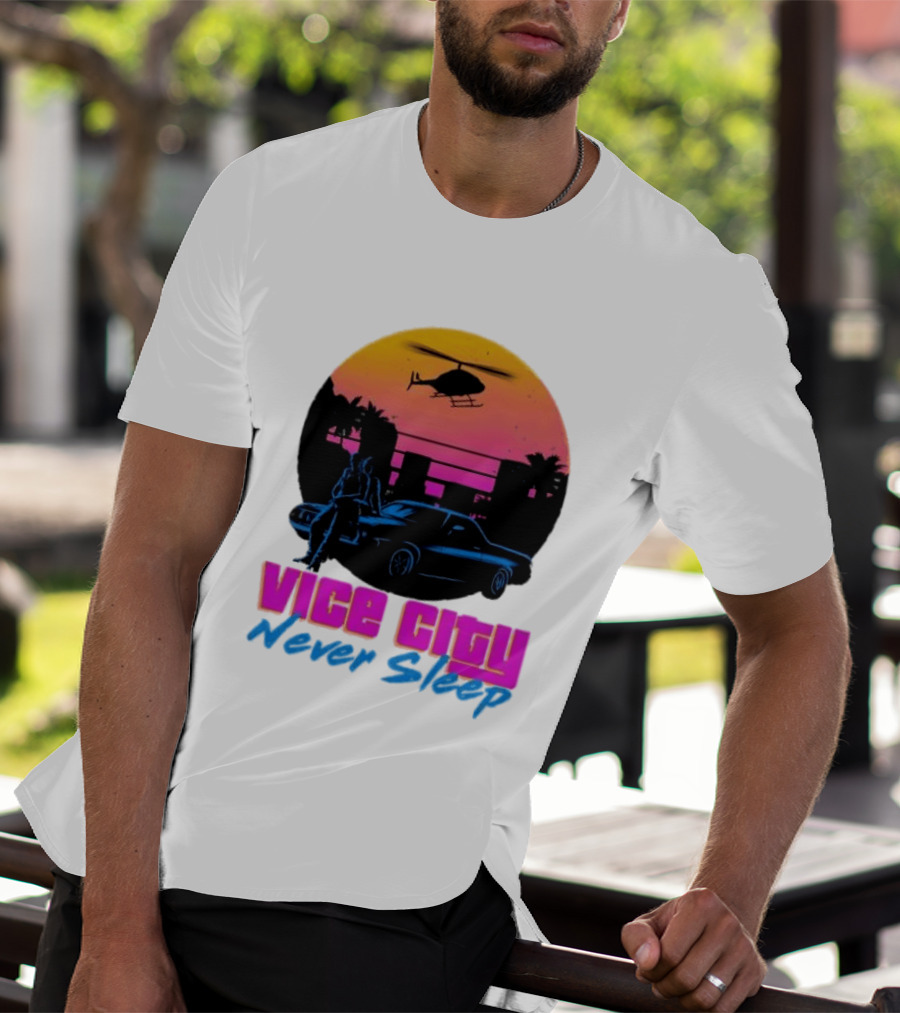 Vice City Never Sleep 80s Sunset Car Helicopter T-Shirt