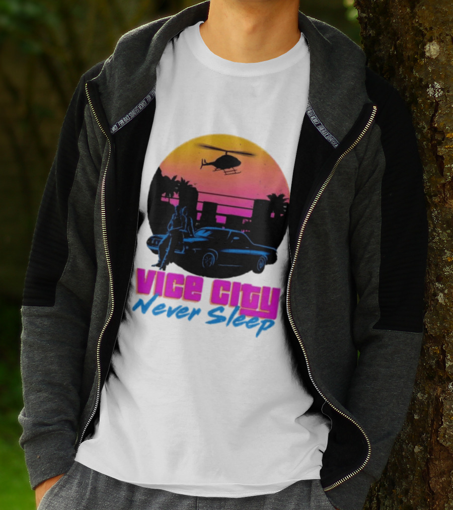 Vice City Never Sleep 80s Sunset Car Helicopter T-Shirt