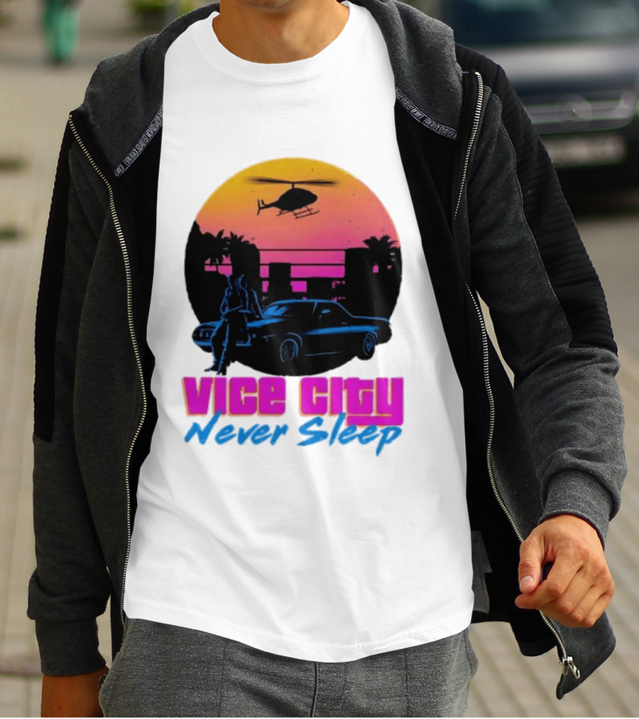 Vice City Never Sleep 80s Sunset Car Helicopter T-Shirt