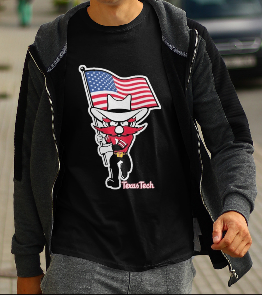 Texas Tech Red Raider Holding American Flag Sticker T-Shirt