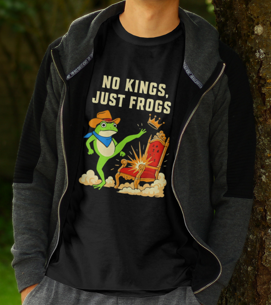 No Kings Just Frogs Portland Cowboy Frog Kicking Crown From Throne T-Shirt