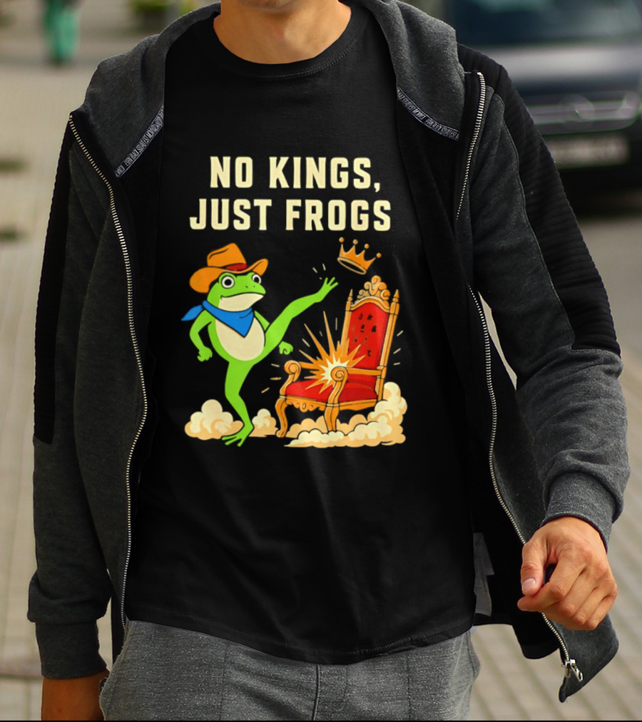 No Kings Just Frogs Portland Cowboy Frog Kicking Crown From Throne T-Shirt