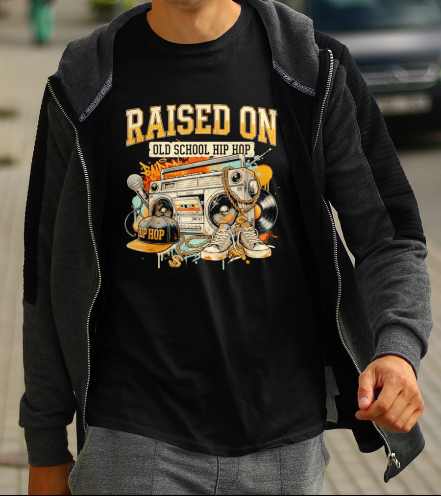 Raised On Old School Hip Hop Boombox Sneakers Microphone Cap Vinyl T-Shirt