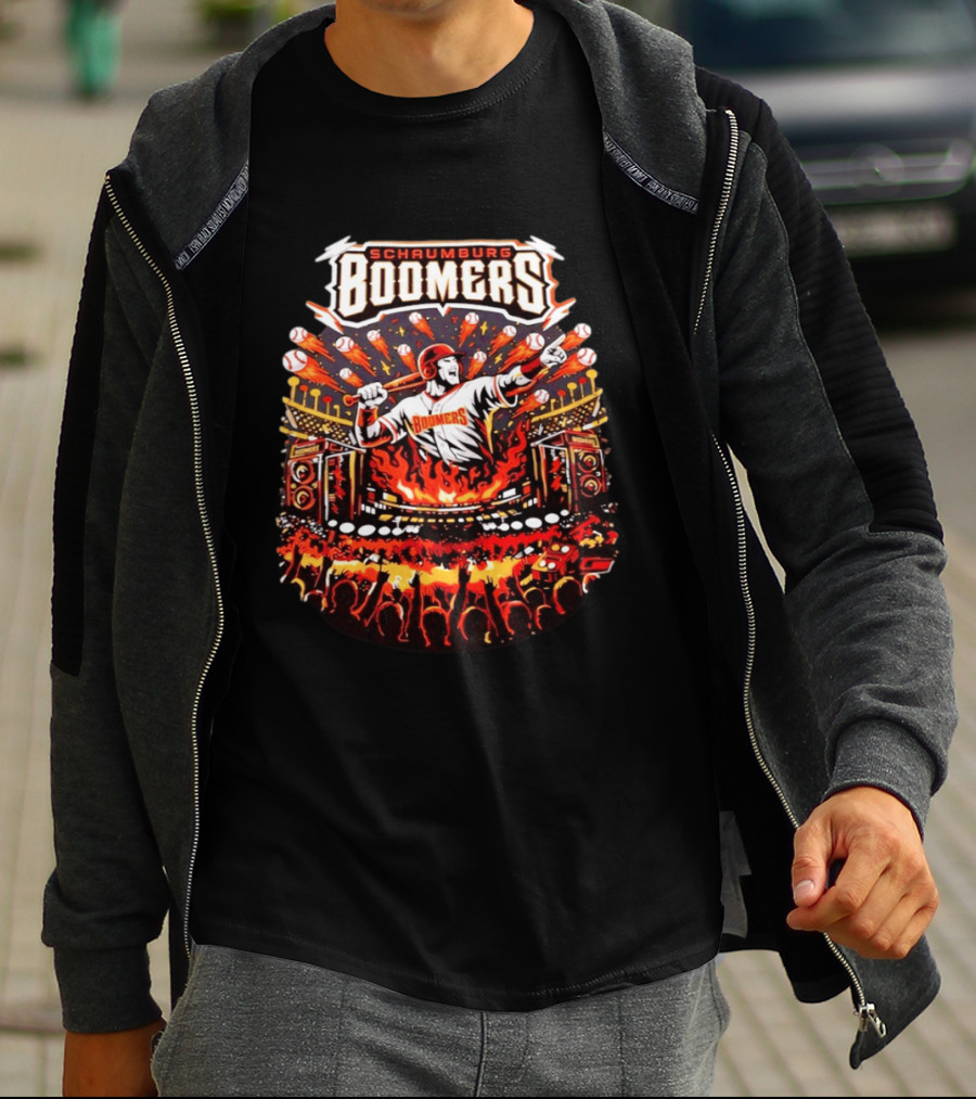Schaumburg Boomers Flaming Baseball Batter Stadium Fireworks T-Shirt